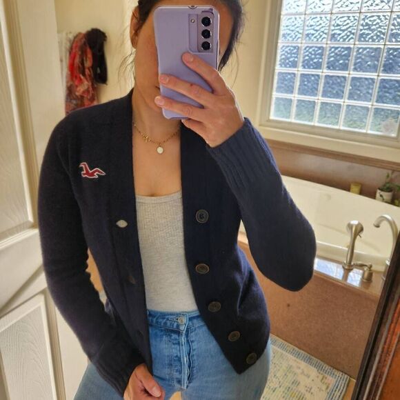 Hollister small dark navy blue button-up cardigan sweater wool preppy womens - Picture 2 of 8